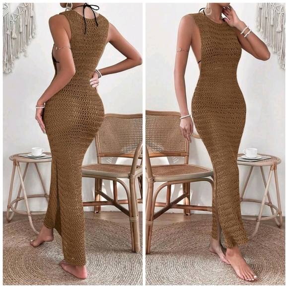NEW Chic Crochet Knit Bodycon Maxi Swim Cover Up Dress Khaki Tan